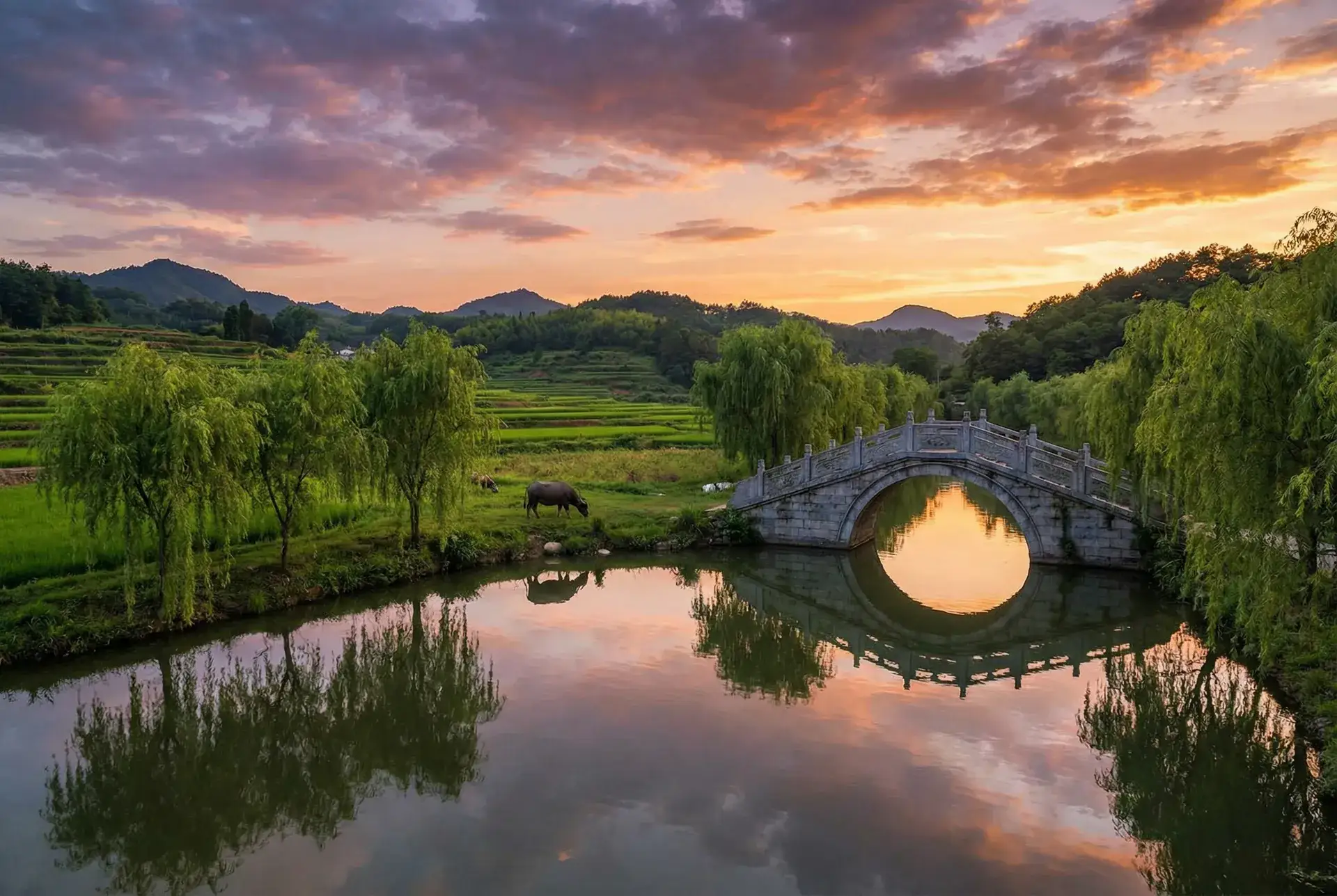 夕阳下的石拱桥与垂柳，水牛在河边吃草 - 最近2019年中文字幕高清 乡村美景