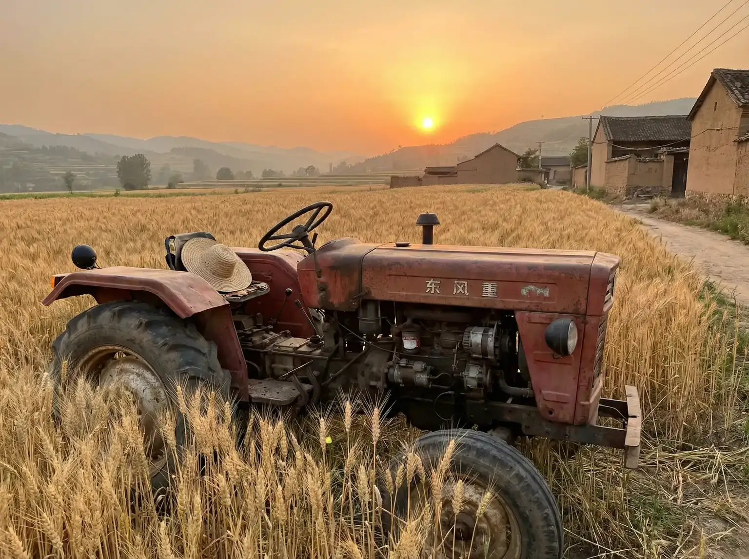 夕阳下的老式拖拉机停在麦田边 - 最近2019年中文字幕高清 田间记忆